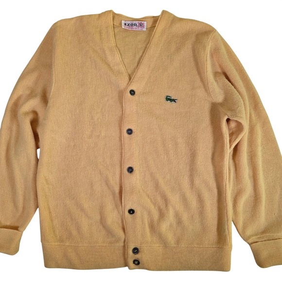 Vtg 60s IZOD Lacoste Mens M Yellow Cardigan Sweater V-Neck USA Made Tennis Prep